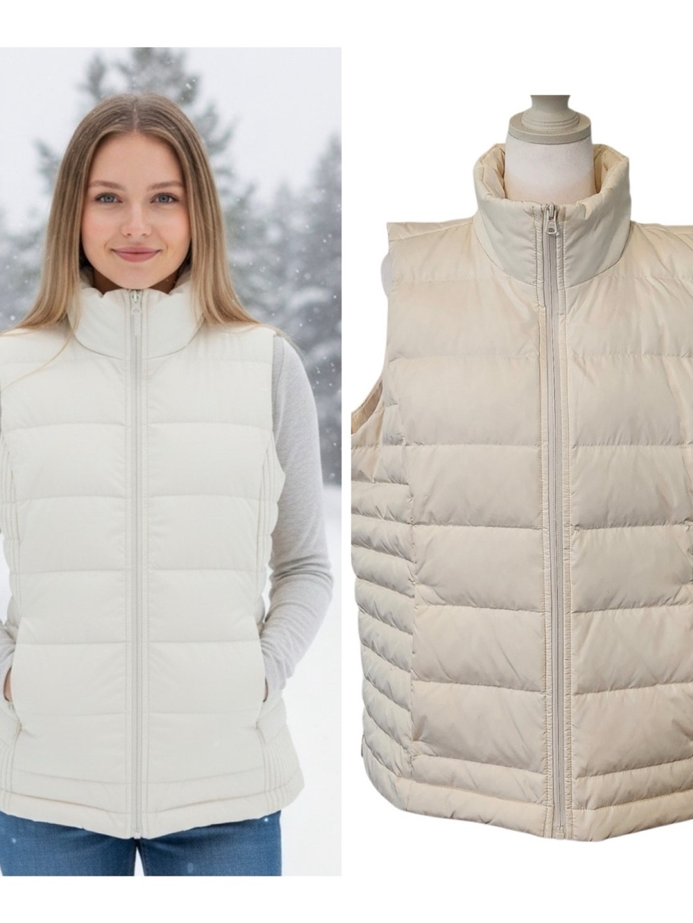 Lands' End White Insulated Puffer Vest Full Zip Snap Pockets Outdoors Size L